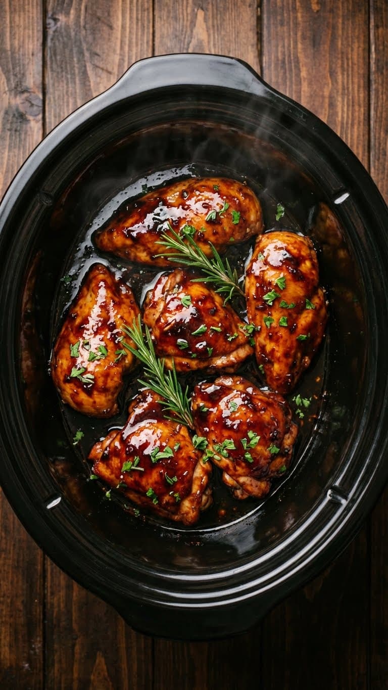 A top-down view inside a slow cooker filled with tender chicken coated in a thick, dark balsamic glaze, garnished with rosemary.